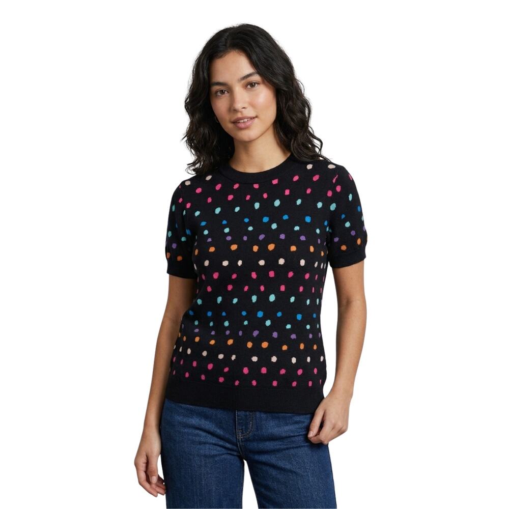 OXKnit Polka Dot Multicolor Sweater M Dopamine Dressing Short Sleeve EUC Black
